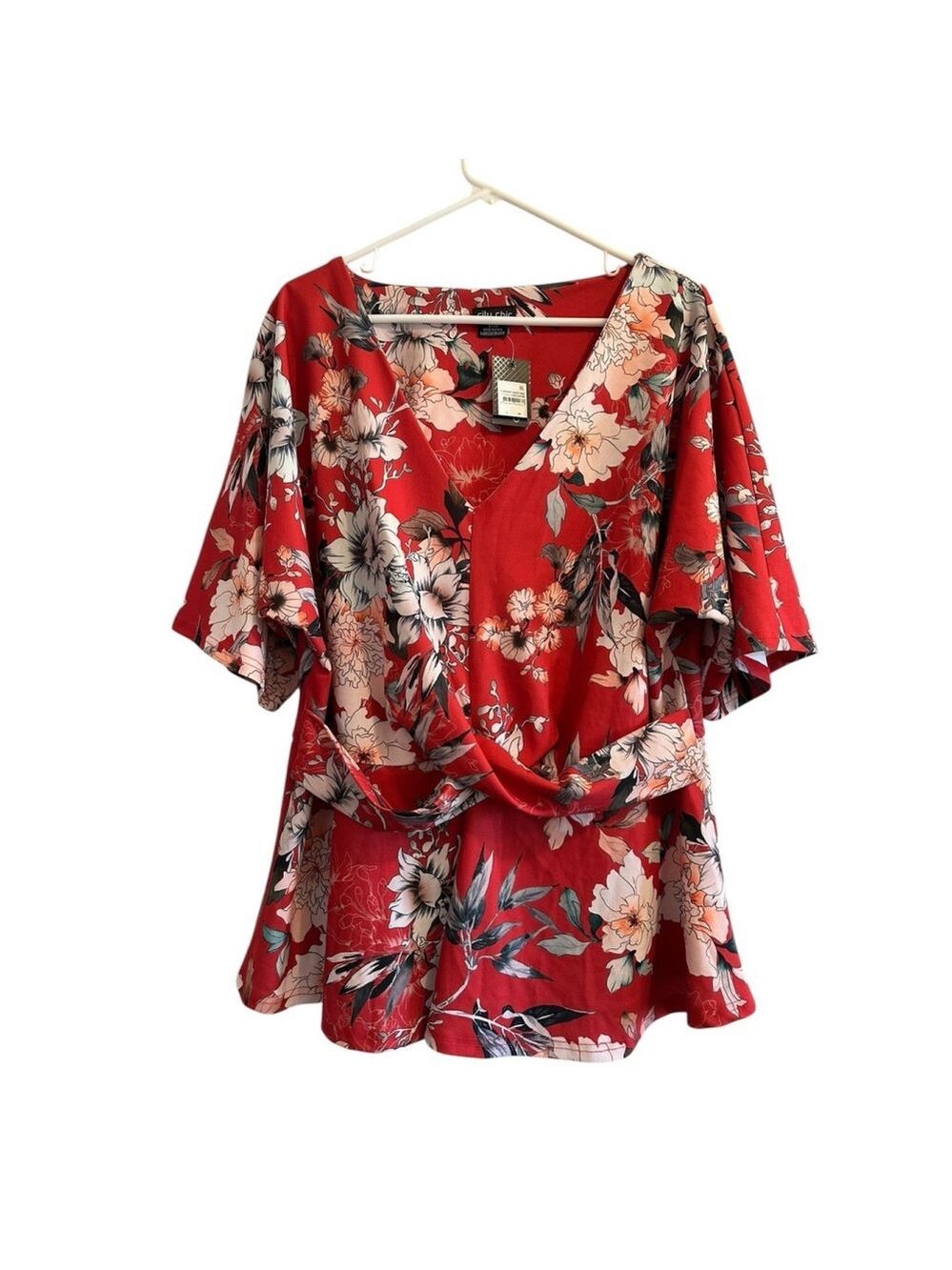 City Chic Floral Blouse Womens 20 Red W/ Flowers Flutter Sleeves V-Neck NWT